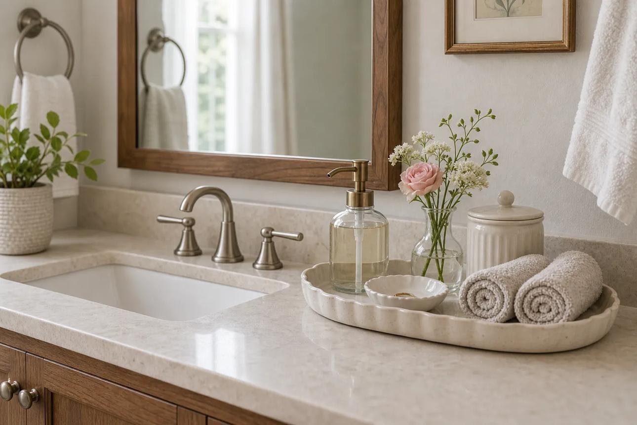 20 Bathroom Decor Ideas for a Stylish, Cozy, and Spa-Like Bathroom 17 Bathroom Vanity With Pretty Counter Styling