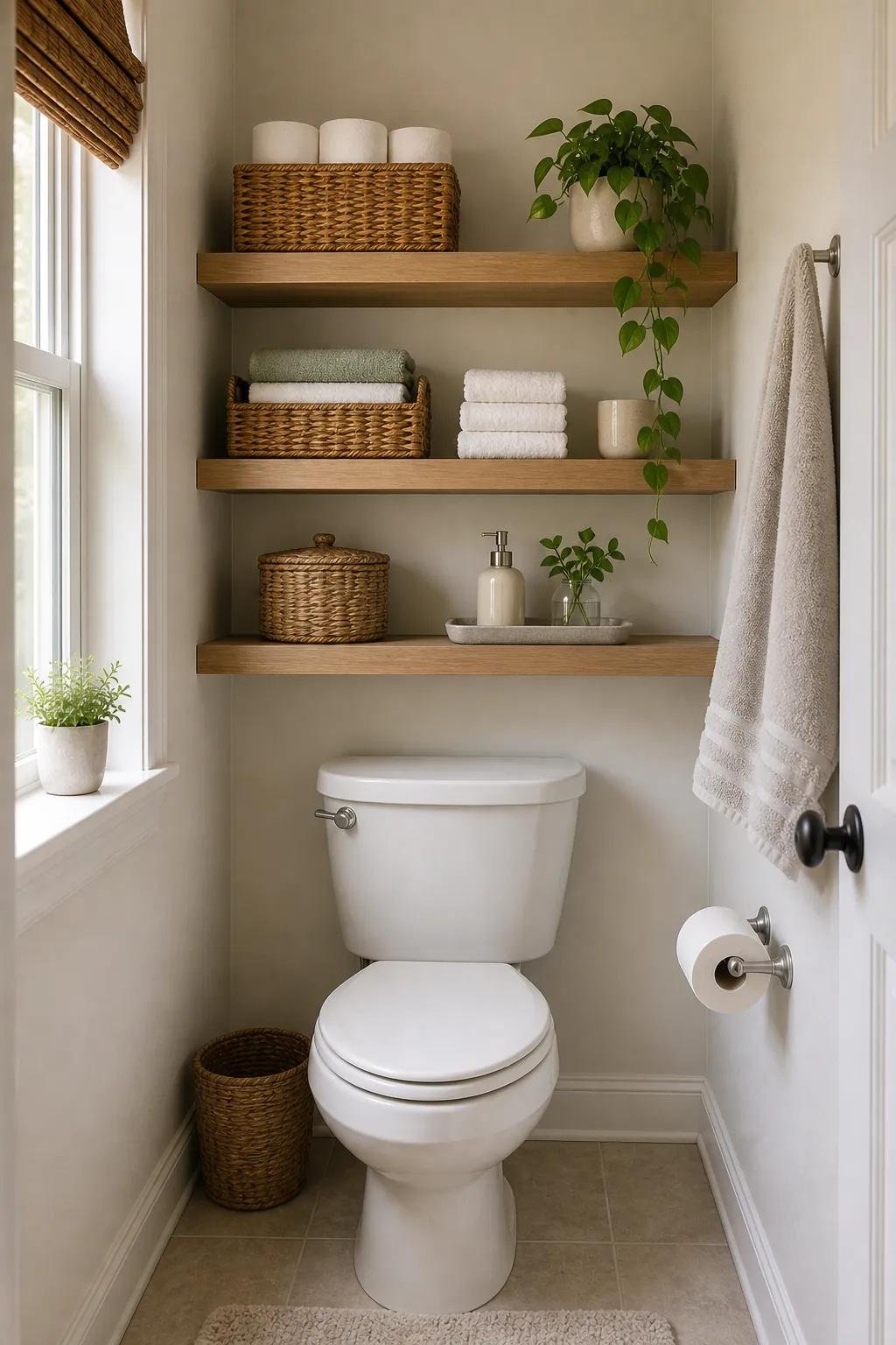 20 Bathroom Decor Ideas for a Stylish, Cozy, and Spa-Like Bathroom 4 Floating Shelves