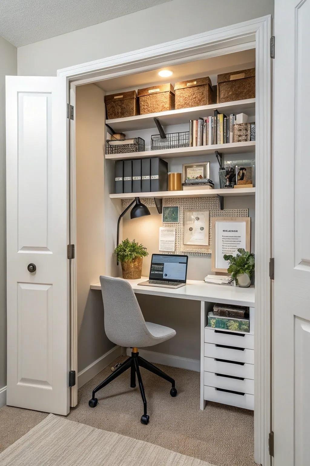 20 Home Office Ideas for a Stylish, Comfortable, and Productive Workspace 11 19+ Clever Office in Small Space Ideas | Home office closet, Tiny home office, Small home offices