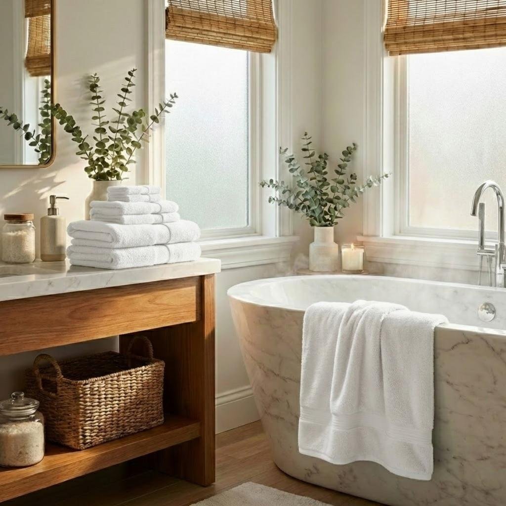 20 Bathroom Decor Ideas for a Stylish, Cozy, and Spa-Like Bathroom 2 Spa-Like Bathroom with Natural Textures
