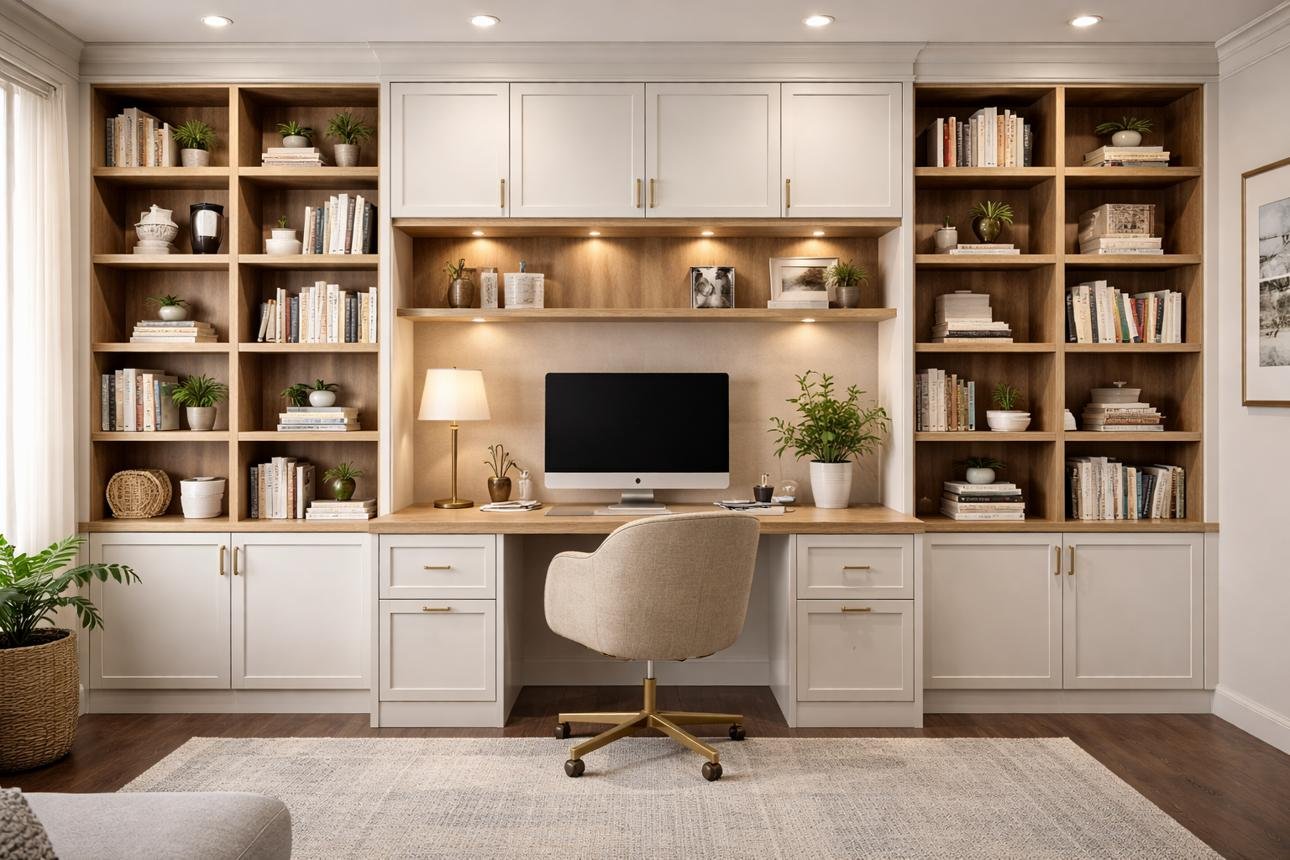 20 Home Office Ideas for a Stylish, Comfortable, and Productive Workspace 4 小空間救星!系統櫃書桌打造高效讀寫與收納空間 - 旅人空間設計