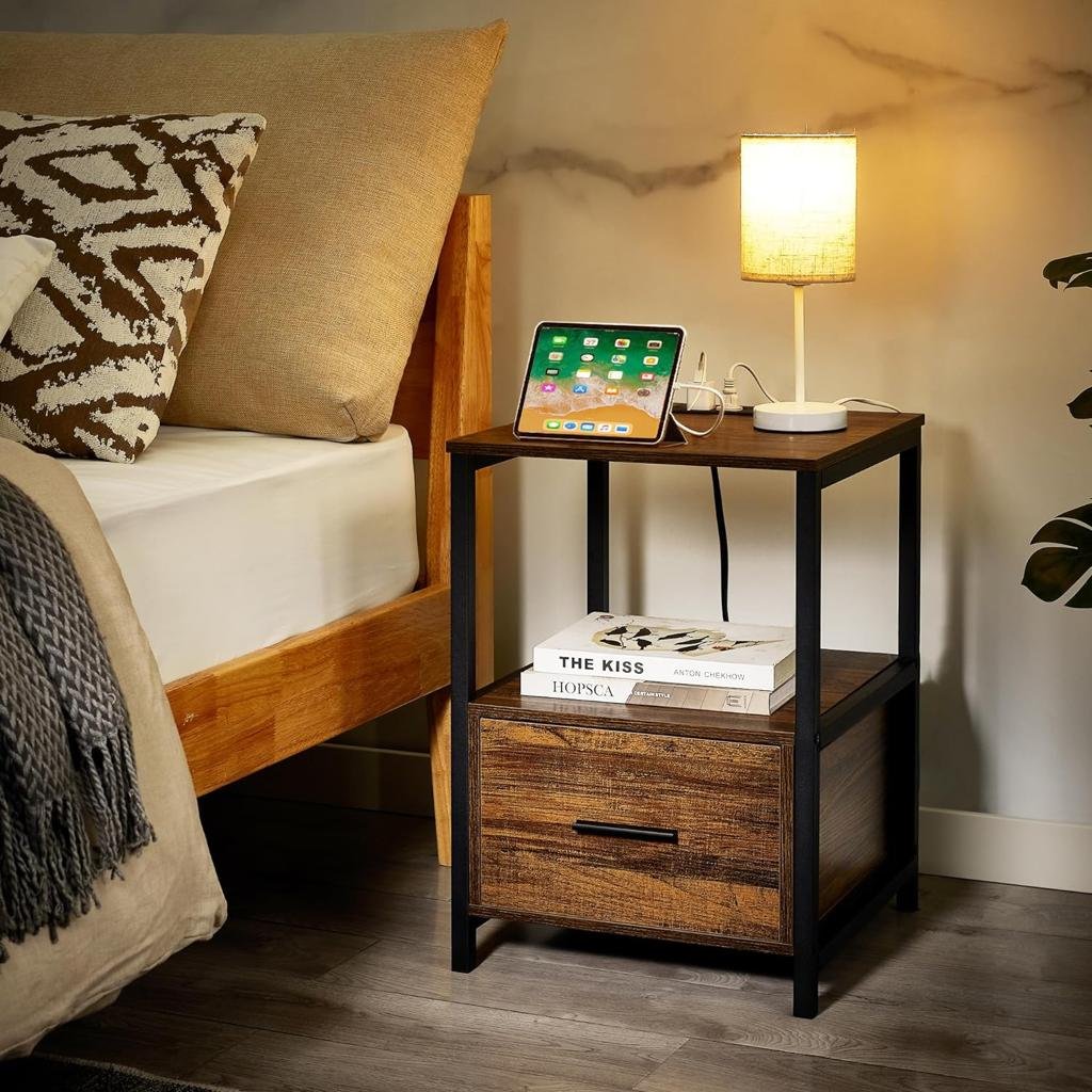 VECELO Modern Nightstand with Charging Station and USB Ports End Side