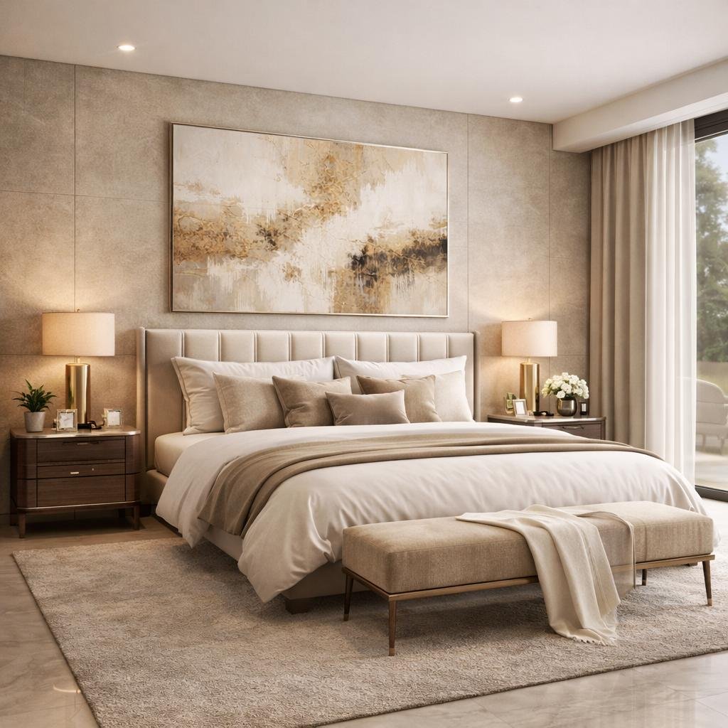 Elegant luxury bedroom decorated in beige, cream, and taupe tones.