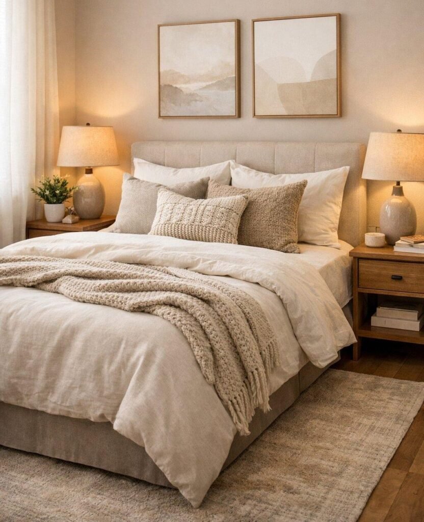 Budget-friendly bedroom makeover with coordinated bedding, warm lighting, and simple decorative accessories.