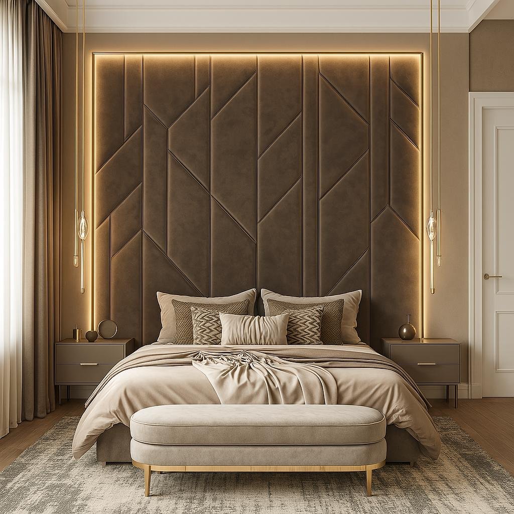 Luxury bedroom featuring a tall upholstered headboard and elegant wall detailing.