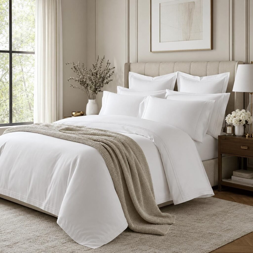 Hotel-style luxury bed with crisp white sheets, layered pillows, and a plush duvet.