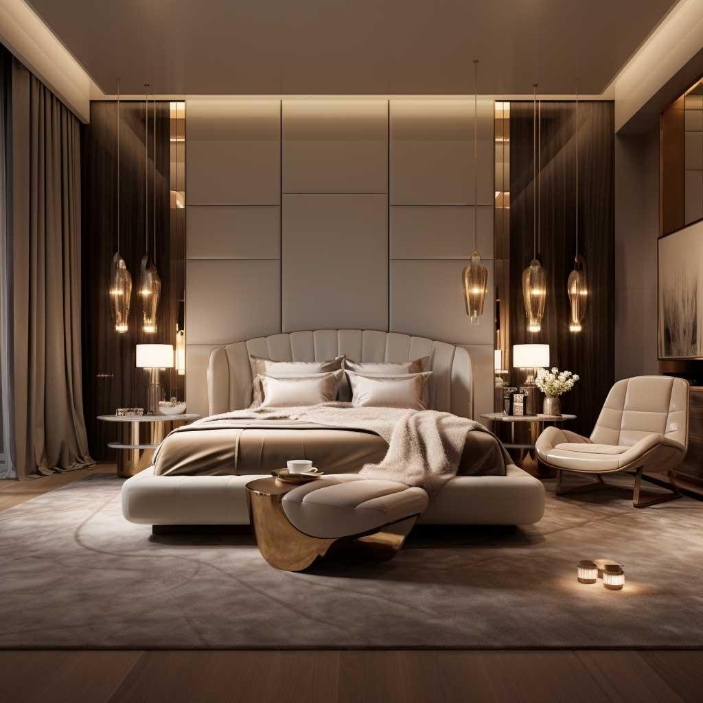 Elegant bedroom with warm bedside lamps and layered ambient lighting.