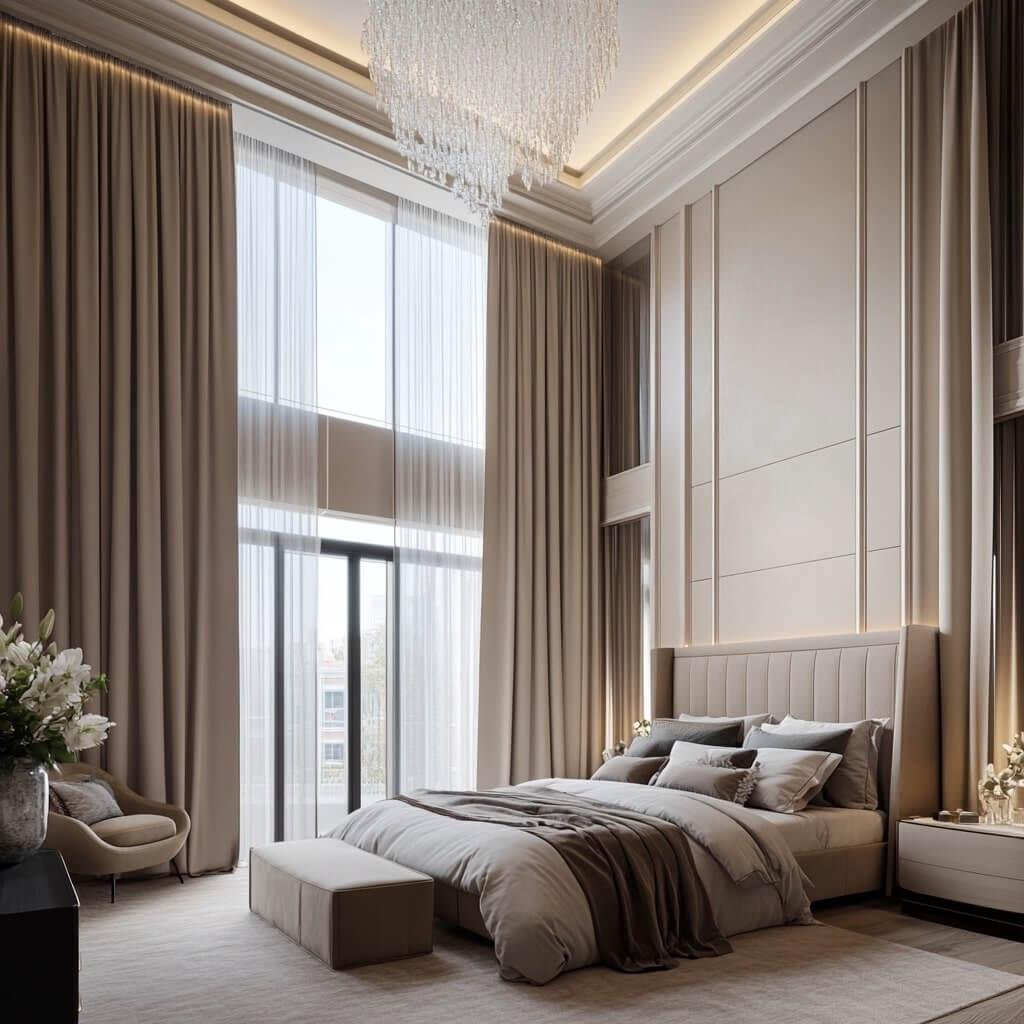 Luxury bedroom with floor-to-ceiling linen curtains and soft natural light.