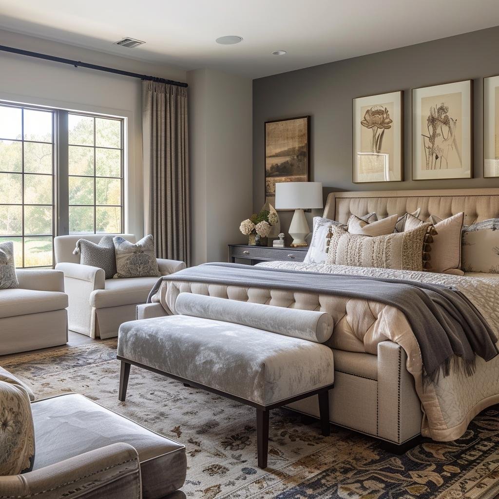 Luxury bedroom with an upholstered bench positioned at the foot of a neatly made bed.