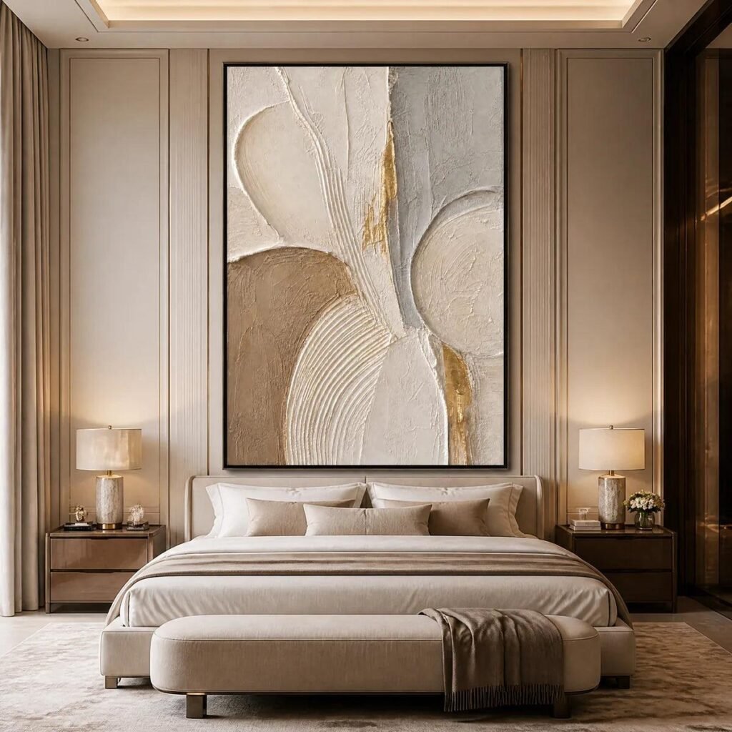 Oversized abstract artwork displayed above the bed in a modern luxury bedroom.