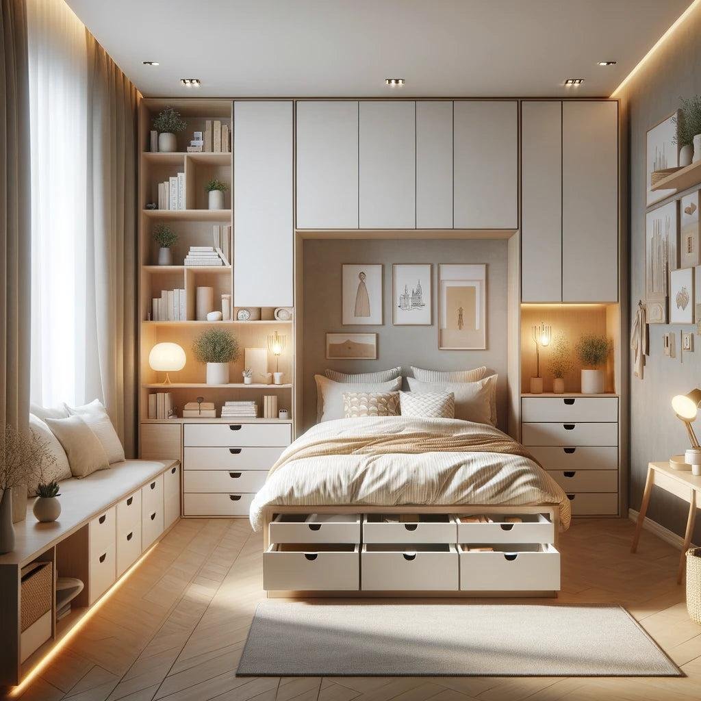 Small luxury bedroom with light neutral colors, compact furniture, and organized storage.